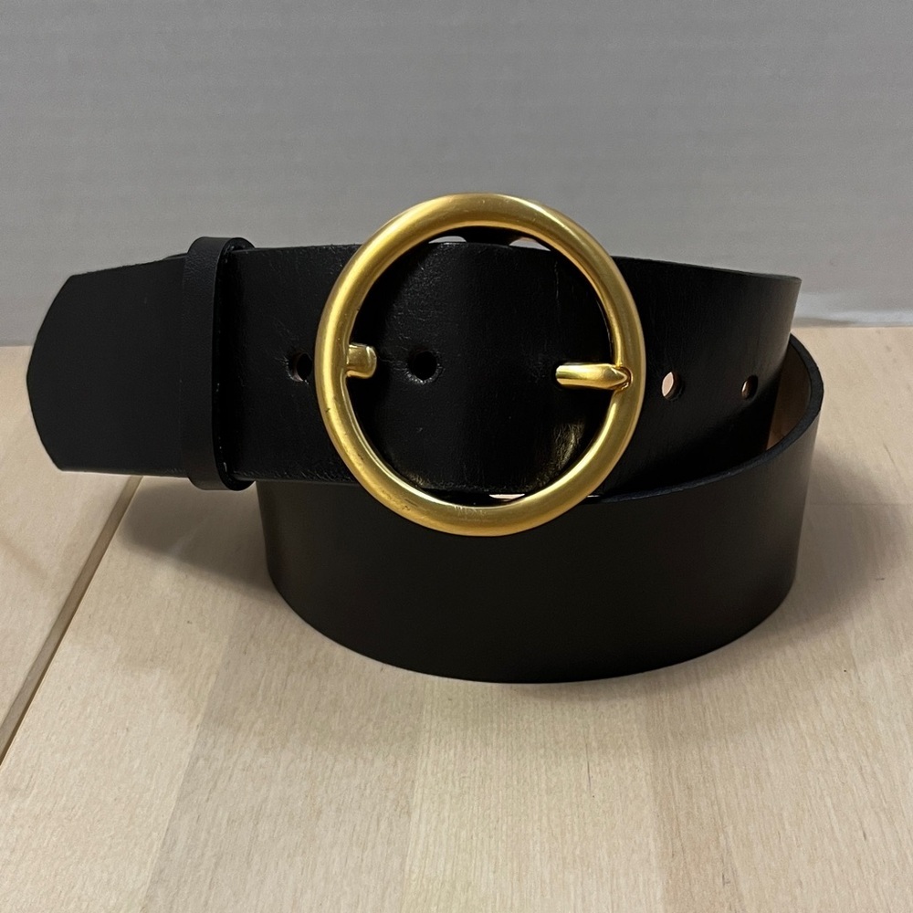 Talbots Black Leather w/ Solid Brass Round Buckle Belt Women’s M/L,  Made in USA